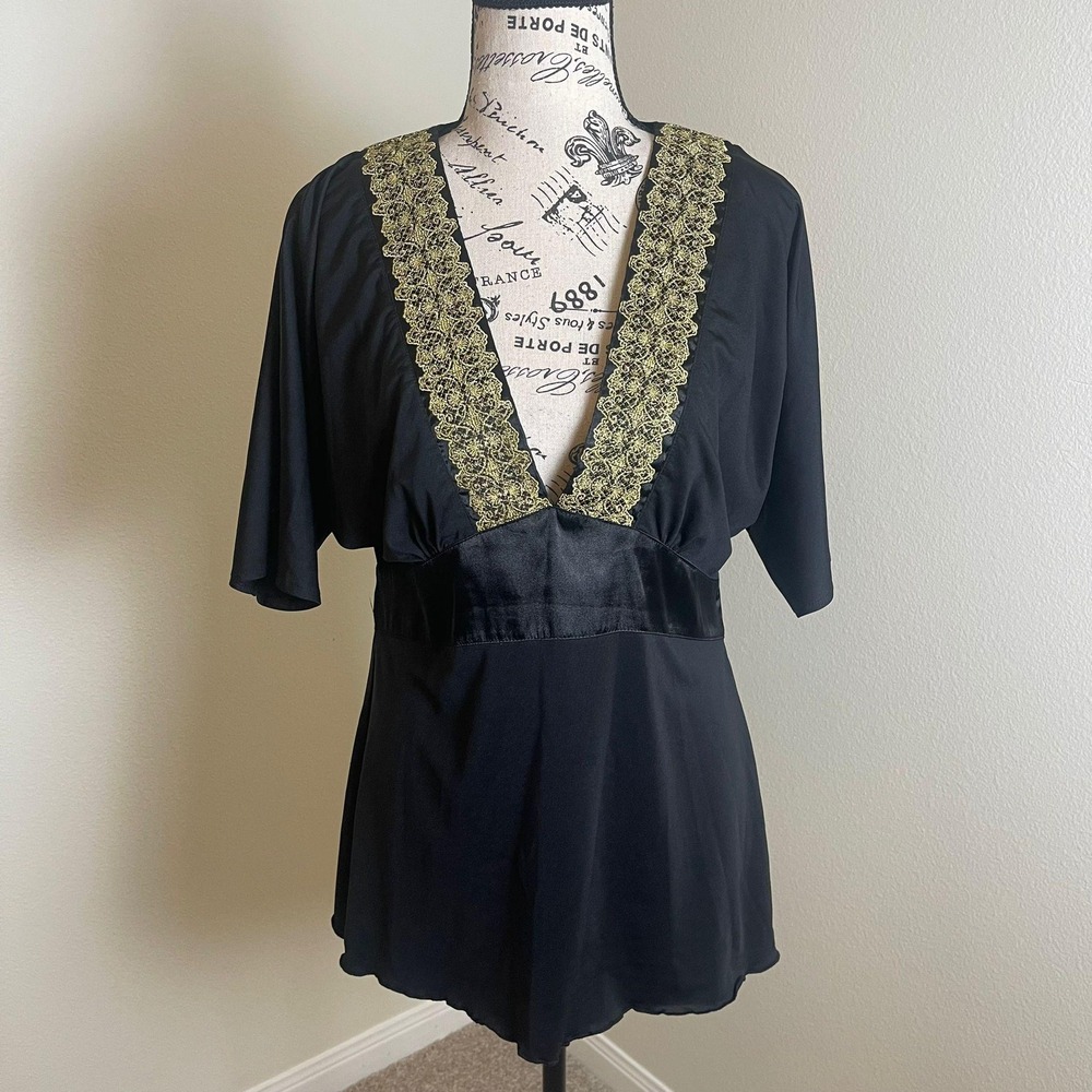 Pepe Jeans London Black Gold Lace V Neck Batwing Sleeve Tunic L y2k Vintage